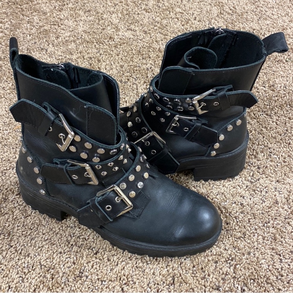 Black Studded Ankle Boots with Buckles Leather Studded Strap Zara Boots